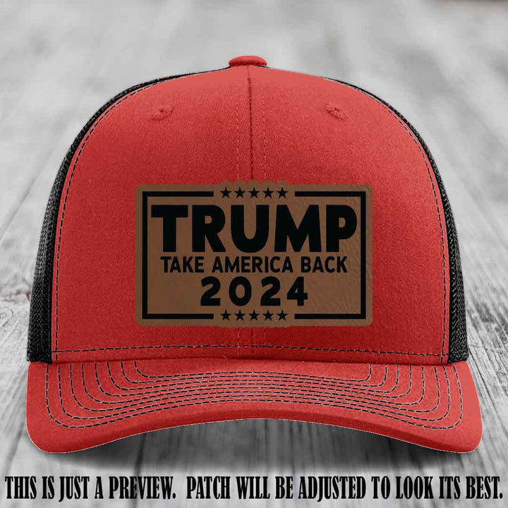 Trump Take America Back 2024 on a Red to Black Hat with Dark Brown to Black Patch