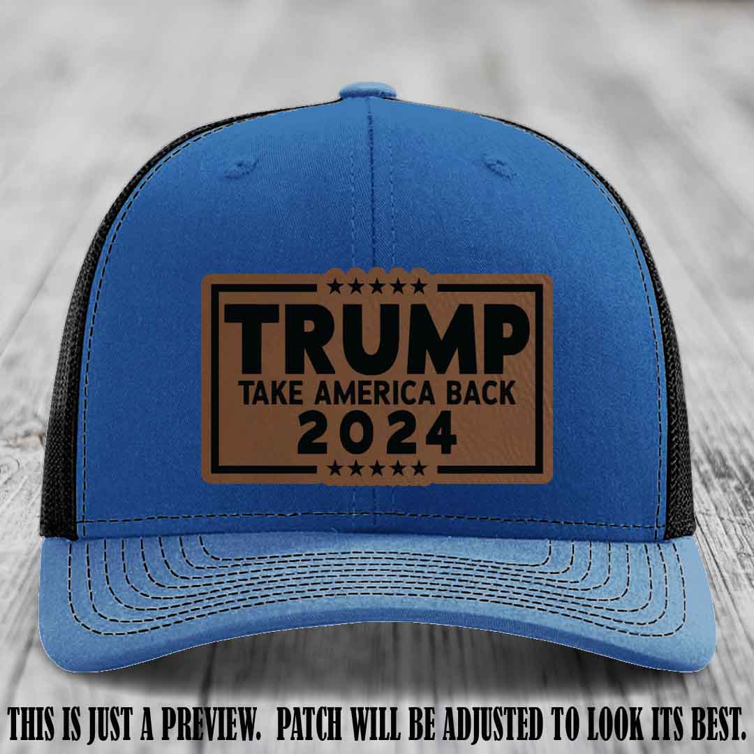 Trump Take America Back 2024 on a Royal to Black Hat with Dark Brown to Black Patch