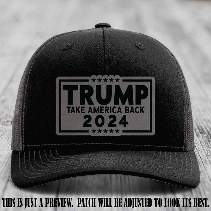 Trump Take America Back 2024 on a Black to Charcoal Hat with Grey to Black Patch