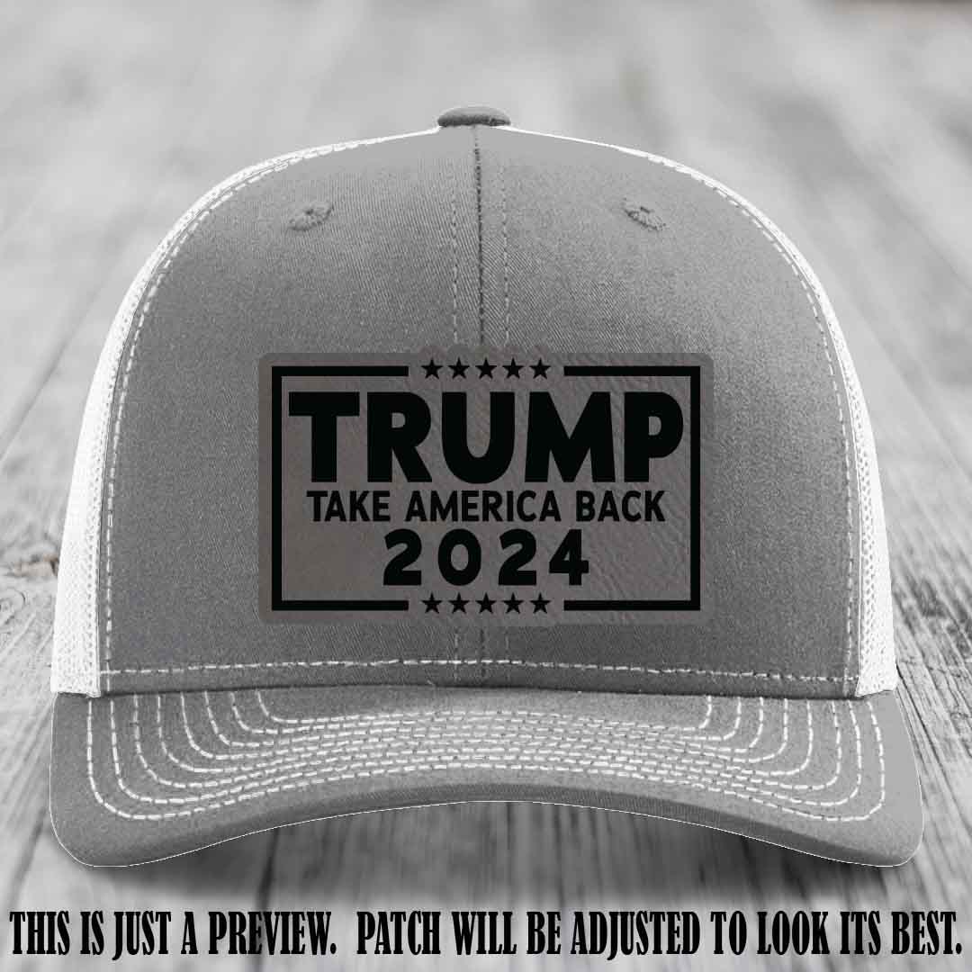 Trump Take America Back 2024 on a Heather Grey to White Hat with Grey to Black Patch