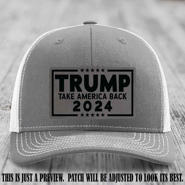 Trump Take America Back 2024 on a Heather Grey to White Hat with Grey to Black Patch
