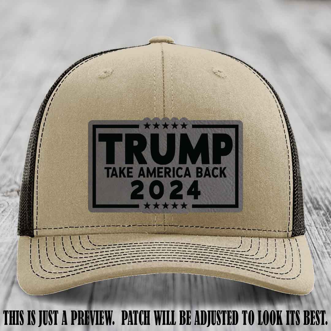 Trump Take America Back 2024 on a Khaki to Coffee Hat with Grey to Black Patch