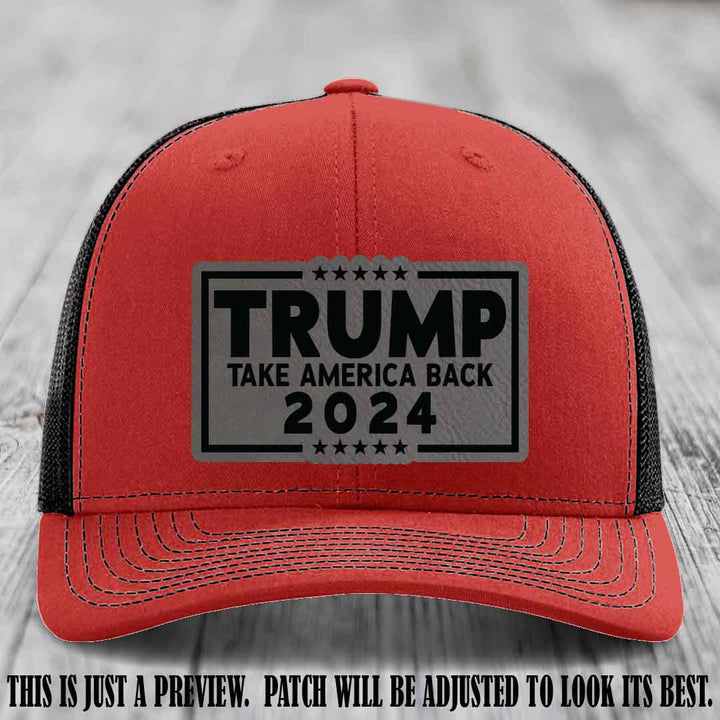Trump Take America Back 2024 on a Red to Black Hat with Grey to Black Patch