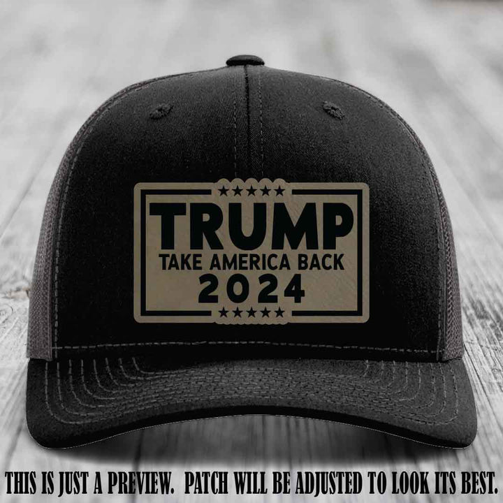 Trump Take America Back 2024 on a Black to Charcoal Hat with Light Brown to Black Patch