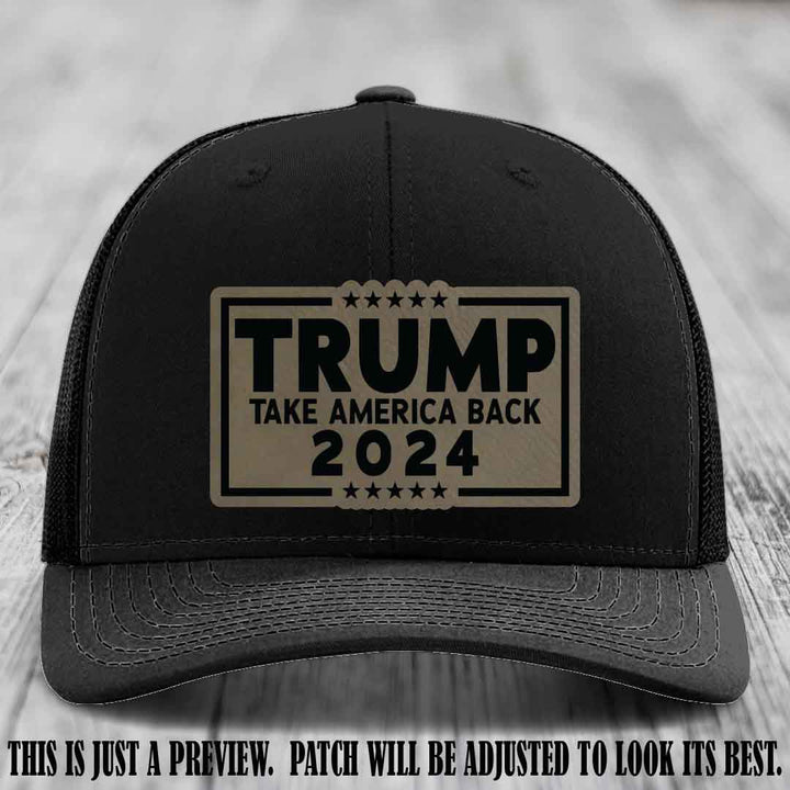 Trump Take America Back 2024 on a Black Hat with Light Brown to Black Patch