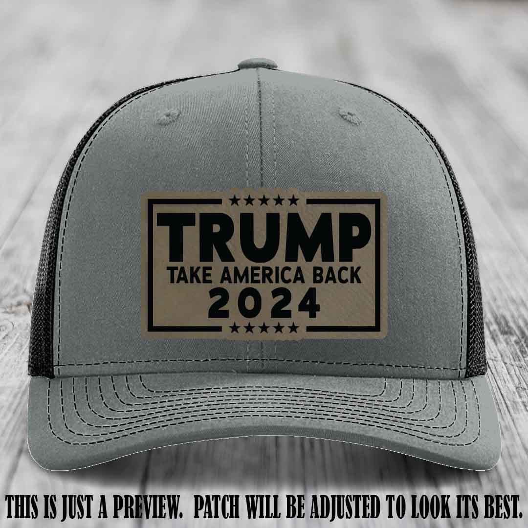 Trump Take America Back 2024 on a Heather Grey to Black Hat with Light Brown to Black Patch