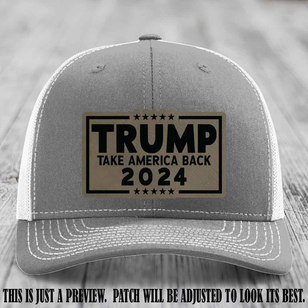 Trump Take America Back 2024 on a Heather Grey to White Hat with Light Brown to Black Patch