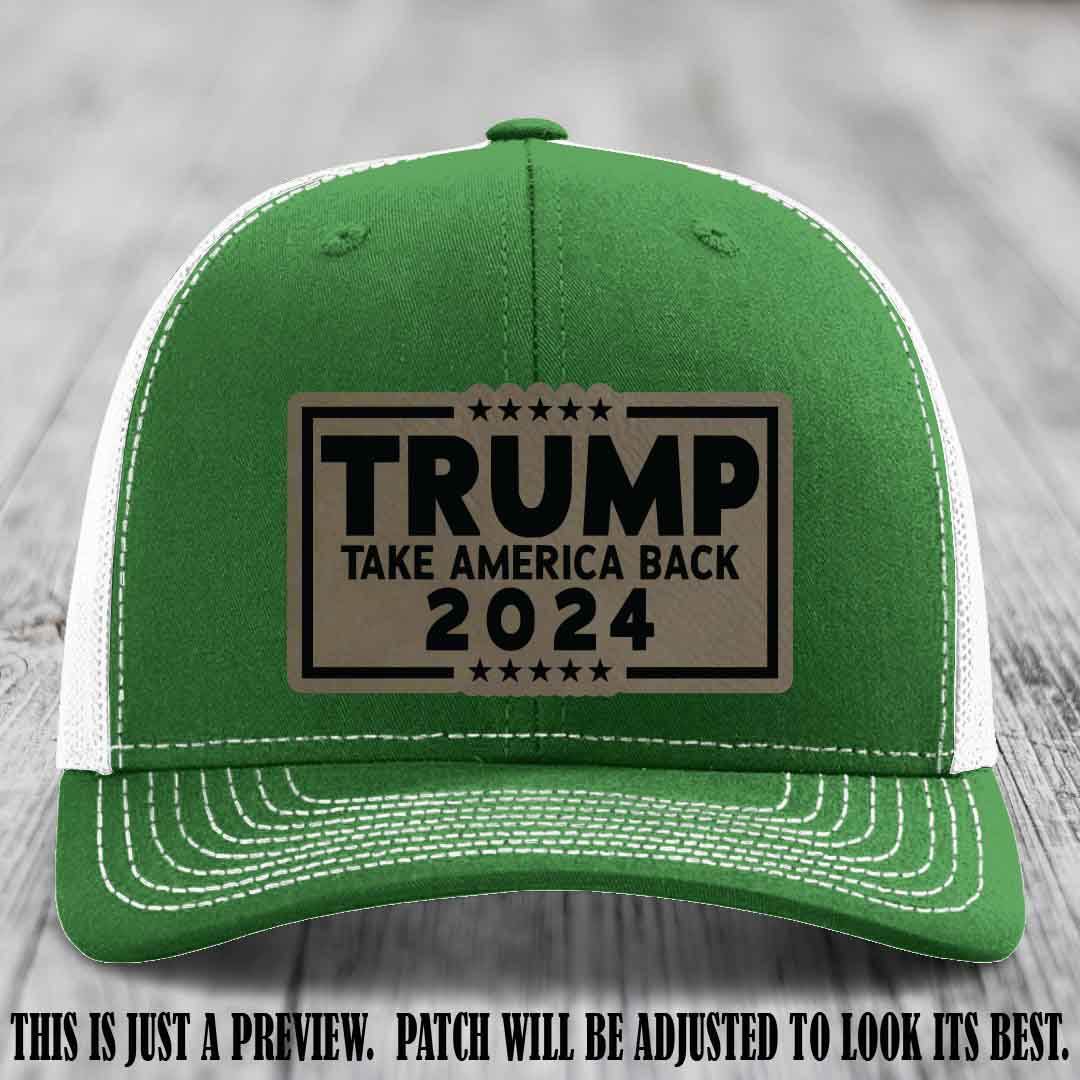 Trump Take America Back 2024 on a Kelly to White Hat with Light Brown to Black Patch