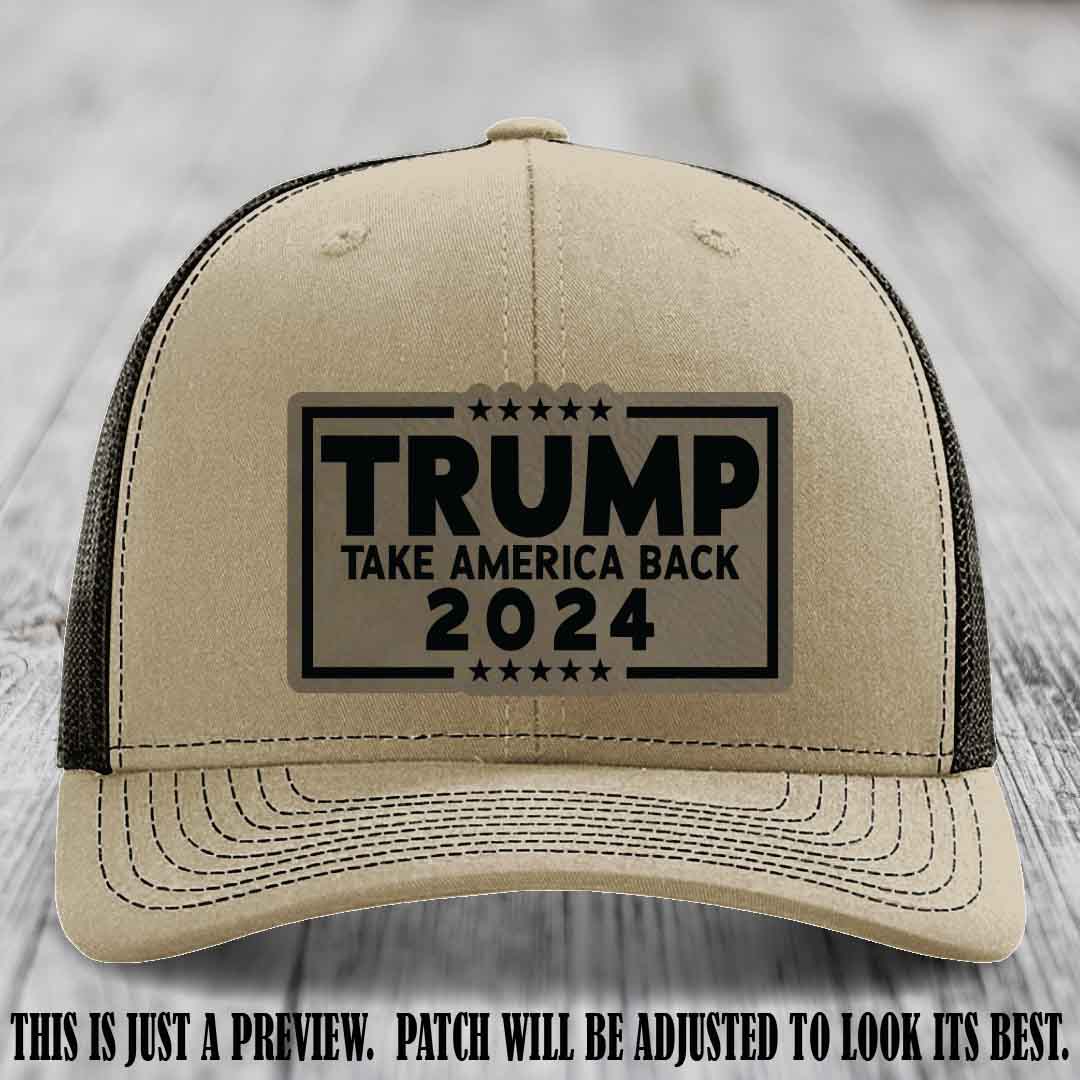 Trump Take America Back 2024 on a Khaki to Coffee Hat with Light Brown to Black Patch
