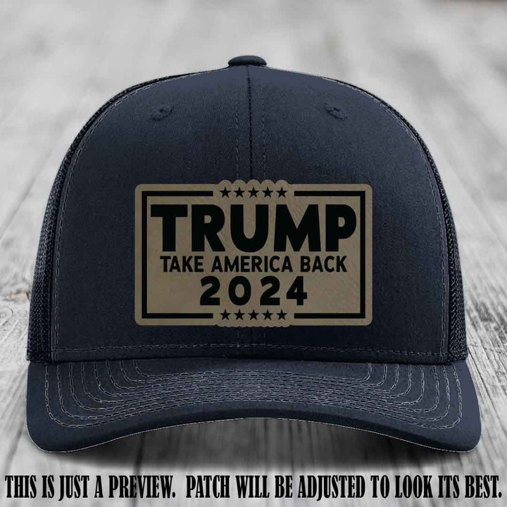 Trump Take America Back 2024 on a Navy Hat with Light Brown to Black Patch