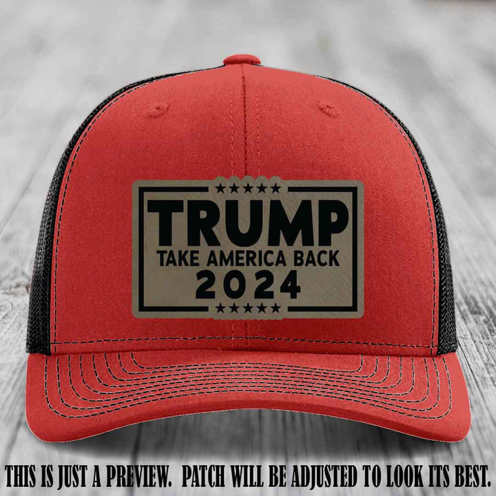 Trump Take America Back 2024 on a Red to Black Hat with Light Brown to Black Patch