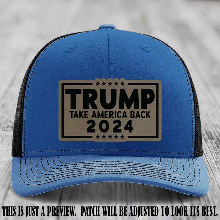 Trump Take America Back 2024 on a Royal to Black Hat with Light Brown to Black Patch