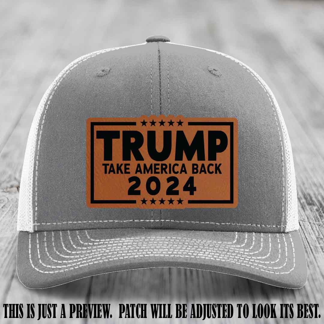 Trump Take America Back 2024 on a Heather Grey to White Hat with Rawhide to Black Patch