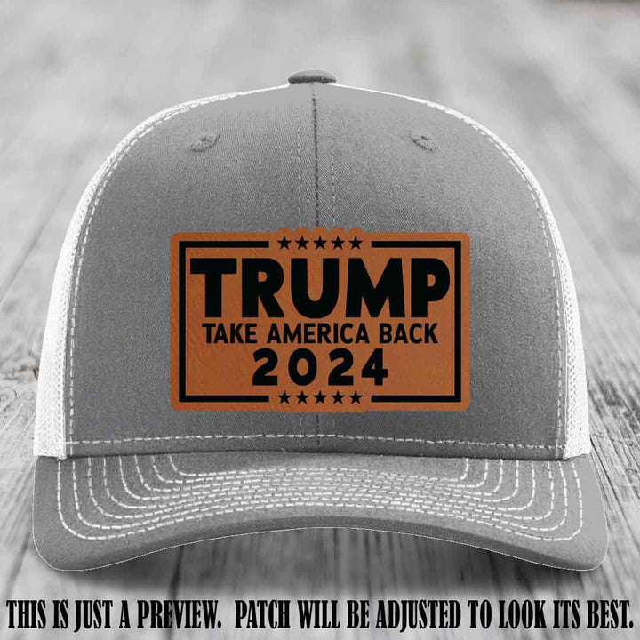 Trump Take America Back 2024 on a Heather Grey to White Hat with Rawhide to Black Patch