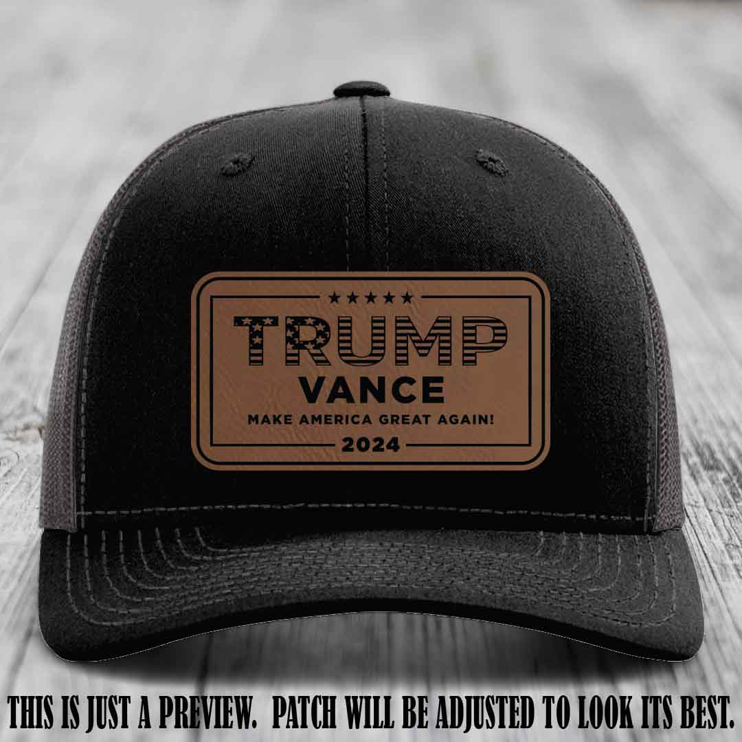 TRUMP VANCE 2024 patch on Dark Brown to Black Patch shown on Black to Charcoal Hat Richardson 112 hat