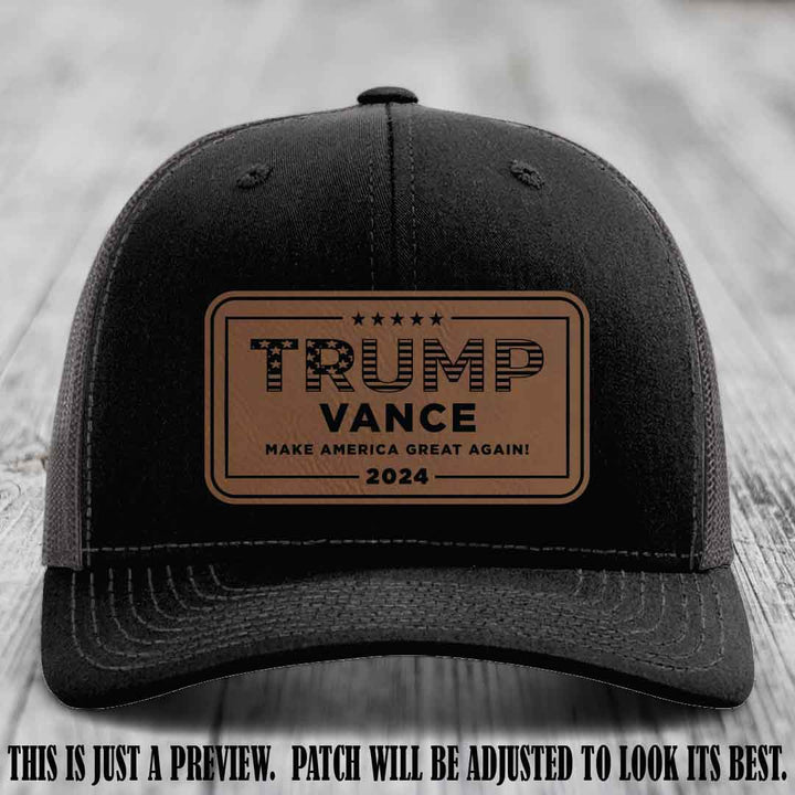 TRUMP VANCE 2024 patch on Dark Brown to Black Patch shown on Black to Charcoal Hat Richardson 112 hat