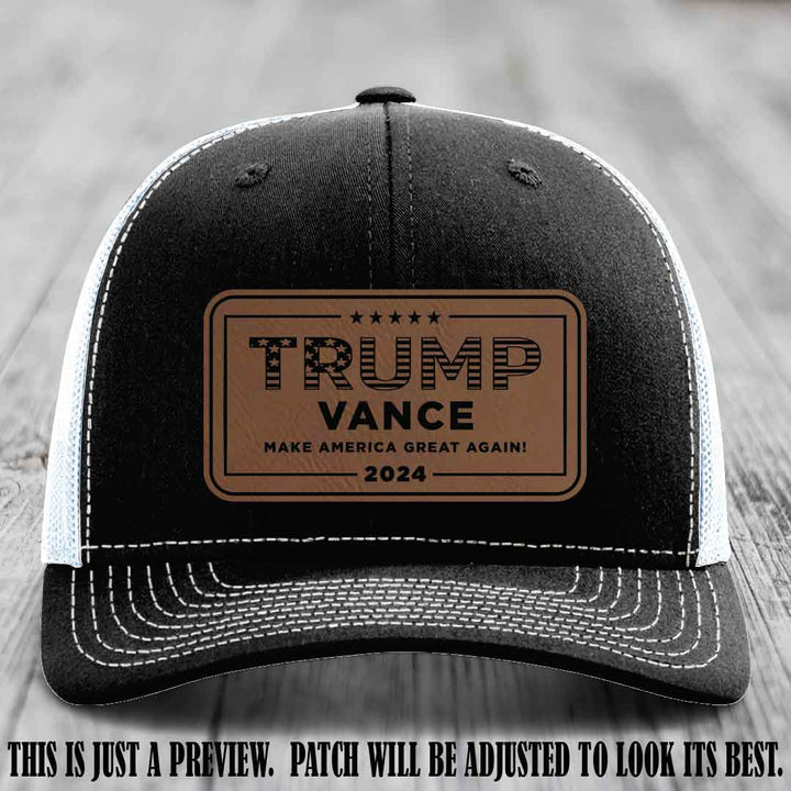 TRUMP VANCE 2024 patch on Dark Brown to Black Patch shown on Black to White Hat Richardson 112 hat