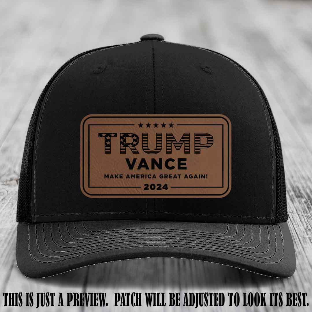 TRUMP VANCE 2024 patch on Dark Brown to Black Patch shown on Black Hat Richardson 112 hat