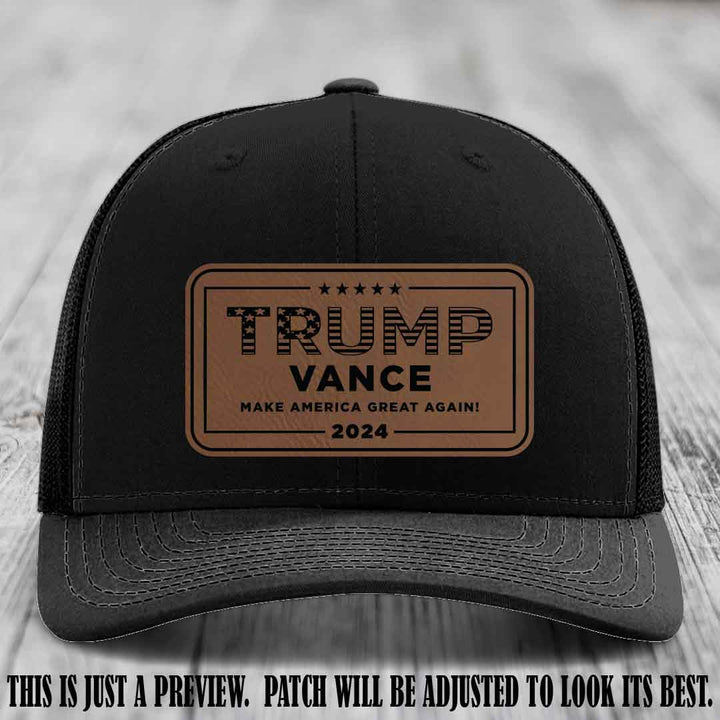TRUMP VANCE 2024 patch on Dark Brown to Black Patch shown on Black Hat Richardson 112 hat