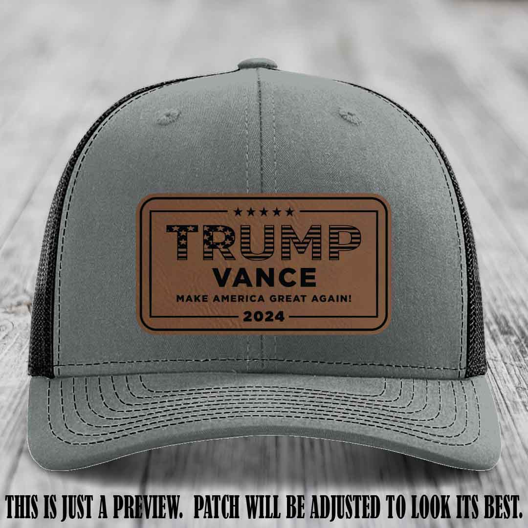 TRUMP VANCE 2024 patch on Dark Brown to Black Patch shown on Heather Grey to Black Hat Richardson 112 hat