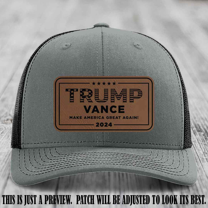 TRUMP VANCE 2024 patch on Dark Brown to Black Patch shown on Heather Grey to Black Hat Richardson 112 hat