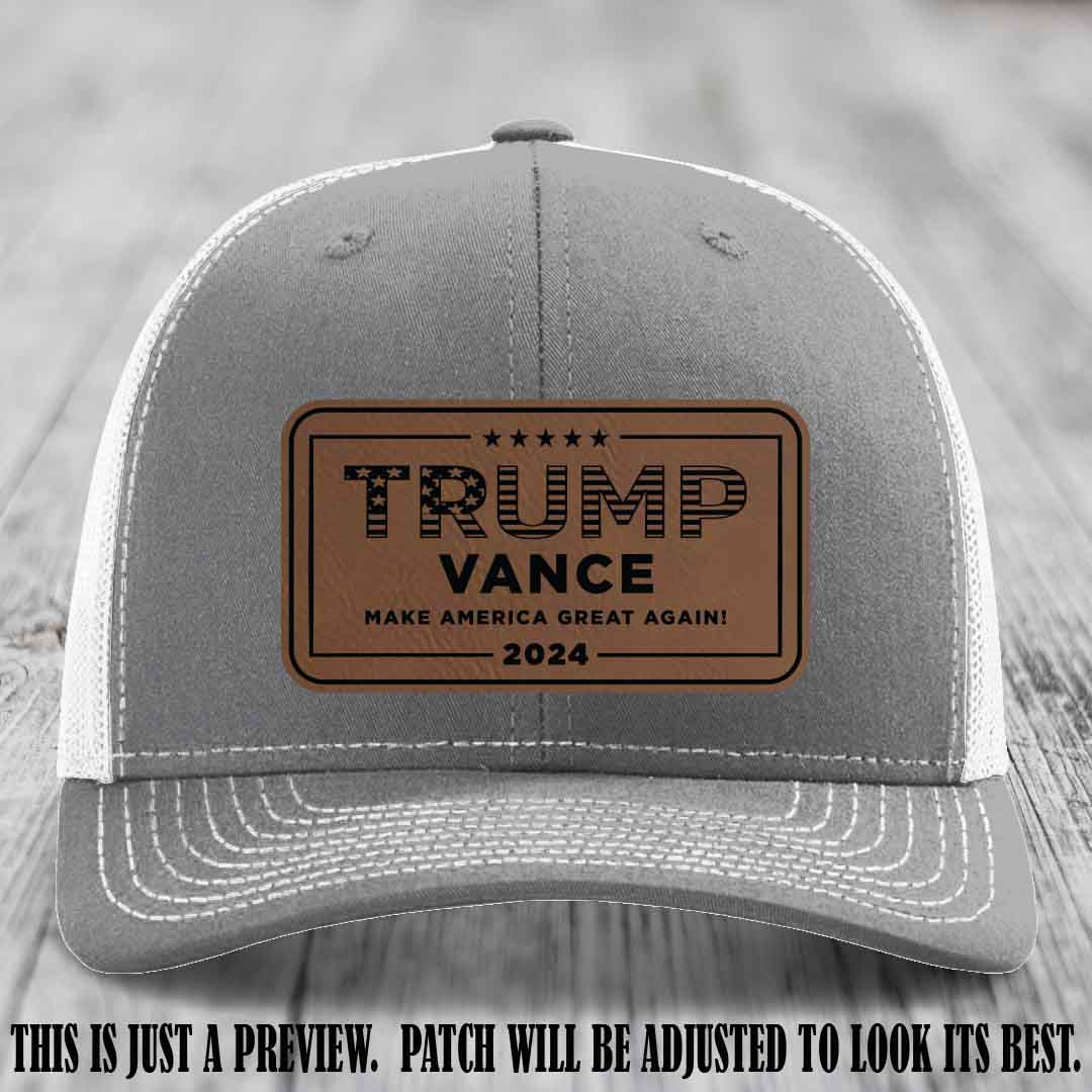 TRUMP VANCE 2024 patch on Dark Brown to Black Patch shown on Heather Grey to White Hat Richardson 112 hat