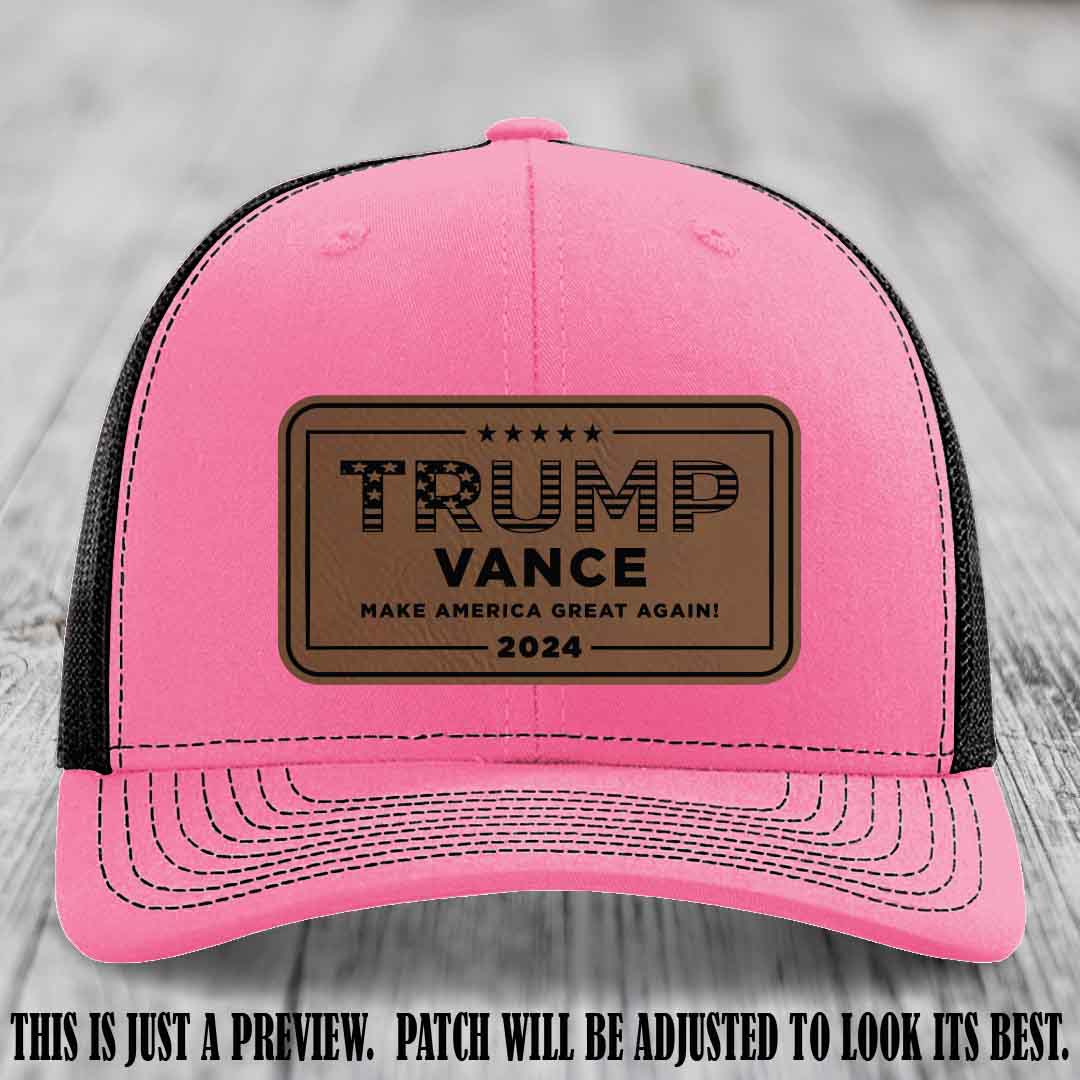 TRUMP VANCE 2024 patch on Dark Brown to Black Patch shown on Hot Pink to Black Hat Richardson 112 hat