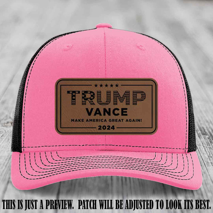 TRUMP VANCE 2024 patch on Dark Brown to Black Patch shown on Hot Pink to Black Hat Richardson 112 hat