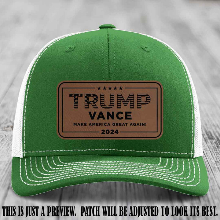 TRUMP VANCE 2024 patch on Dark Brown to Black Patch shown on Kelly to White Hat Richardson 112 hat