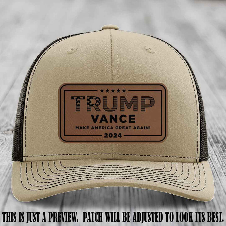 TRUMP VANCE 2024 patch on Dark Brown to Black Patch shown on Khaki to Coffee Hat Richardson 112 hat