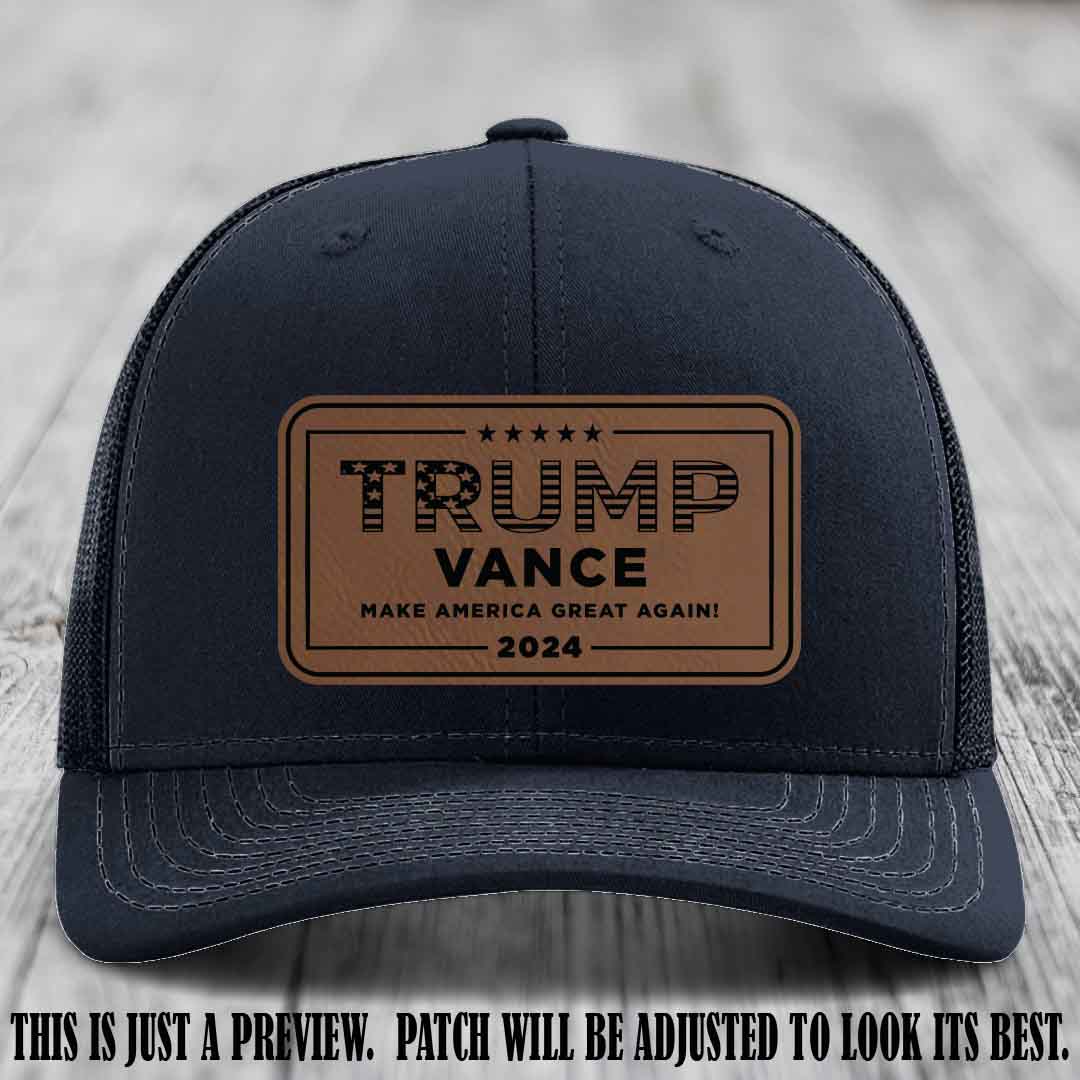TRUMP VANCE 2024 patch on Dark Brown to Black Patch shown on Navy Hat Richardson 112 hat