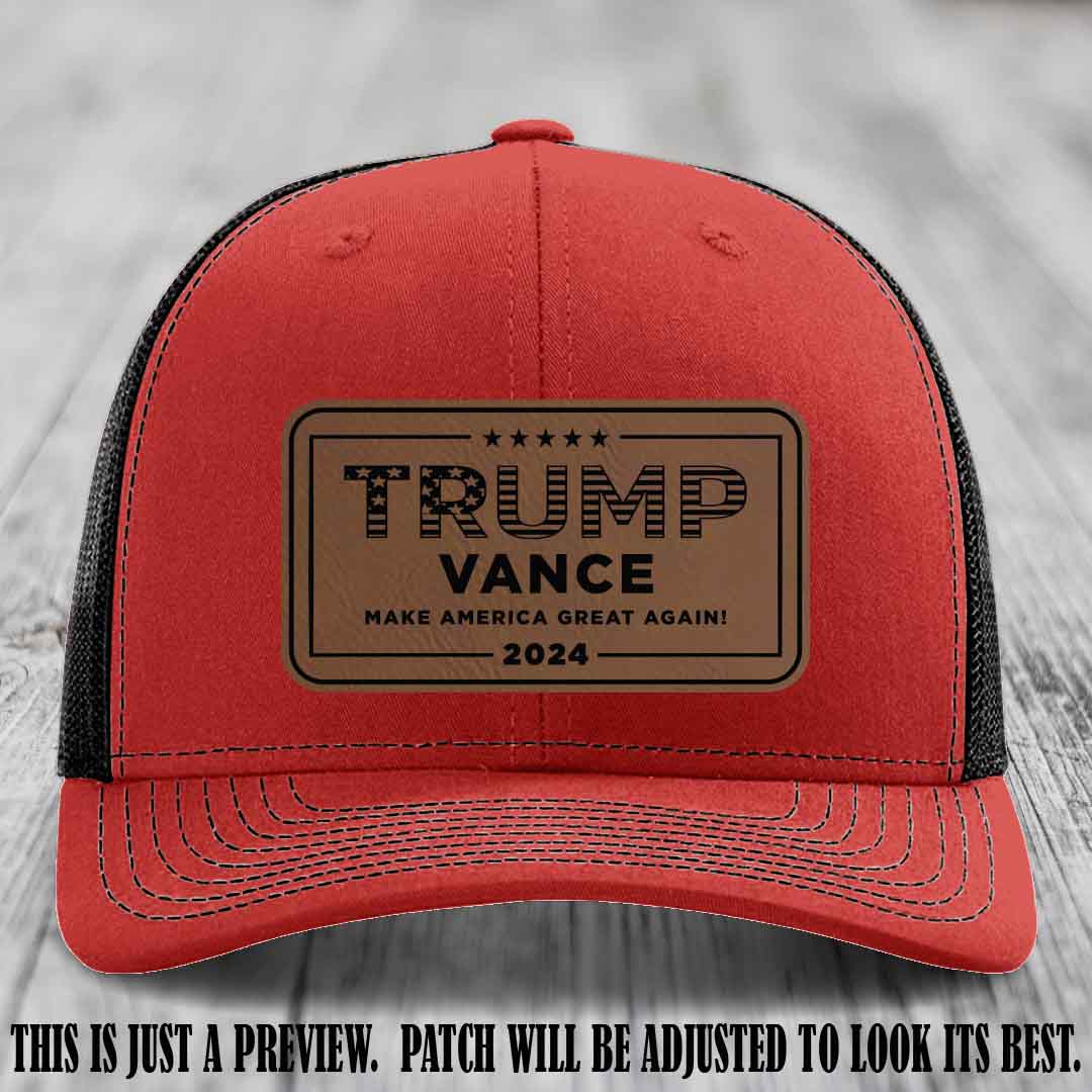 TRUMP VANCE 2024 patch on Dark Brown to Black Patch shown on Red to Black Hat Richardson 112 hat