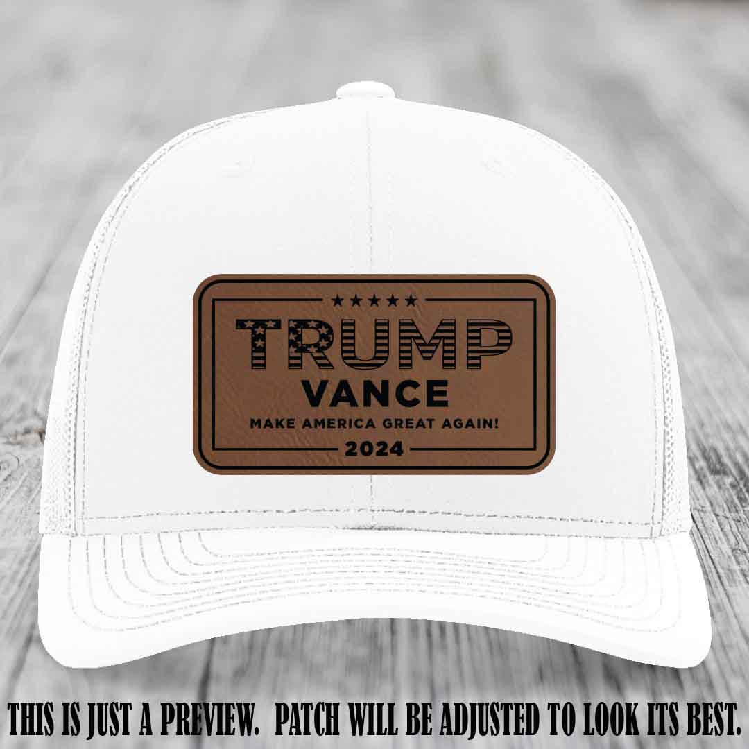 TRUMP VANCE 2024 patch on Dark Brown to Black Patch shown on White Hat Richardson 112 hat