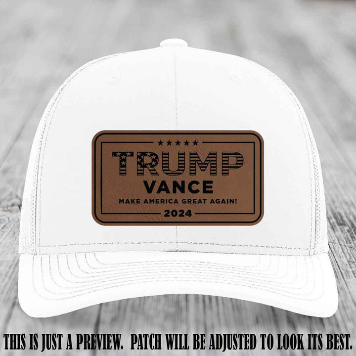 TRUMP VANCE 2024 patch on Dark Brown to Black Patch shown on White Hat Richardson 112 hat