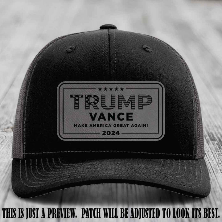 TRUMP VANCE 2024 patch on Grey to Black Patch shown on Black to Charcoal Hat Richardson 112 hat