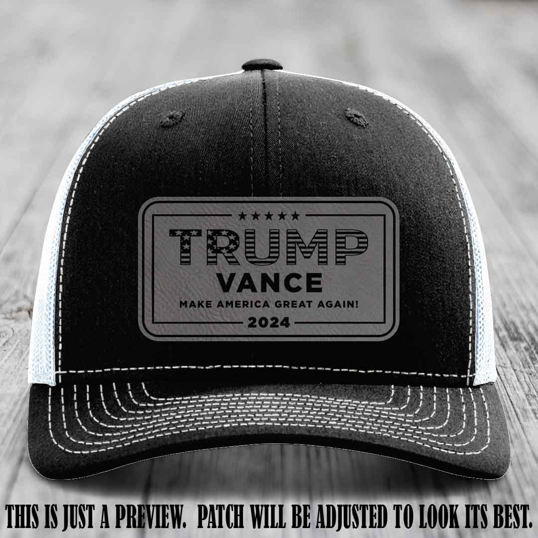 TRUMP VANCE 2024 patch on Grey to Black Patch shown on Black to White Hat Richardson 112 hat