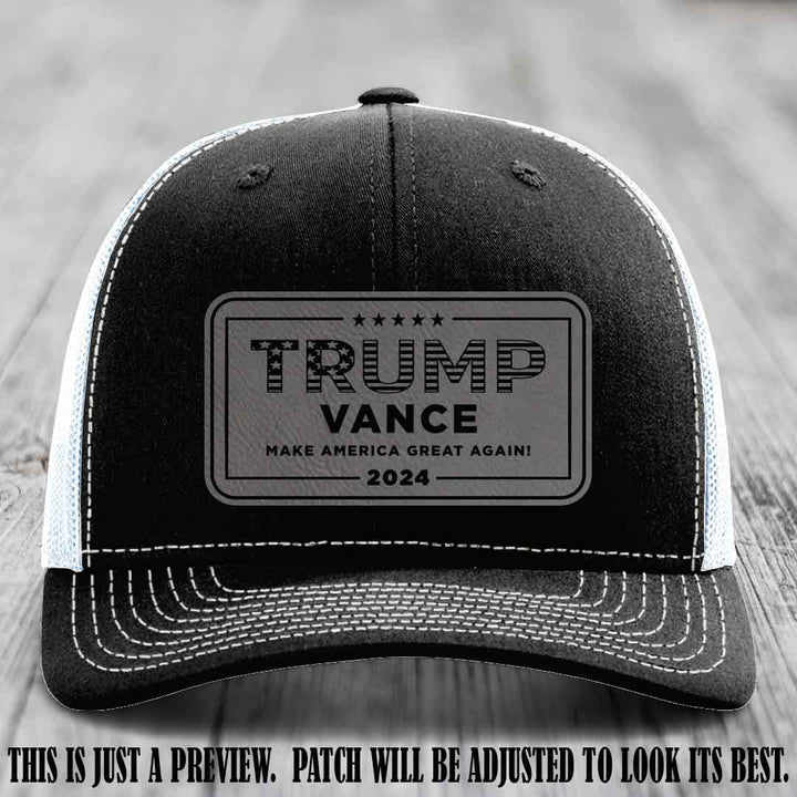 TRUMP VANCE 2024 patch on Grey to Black Patch shown on Black to White Hat Richardson 112 hat