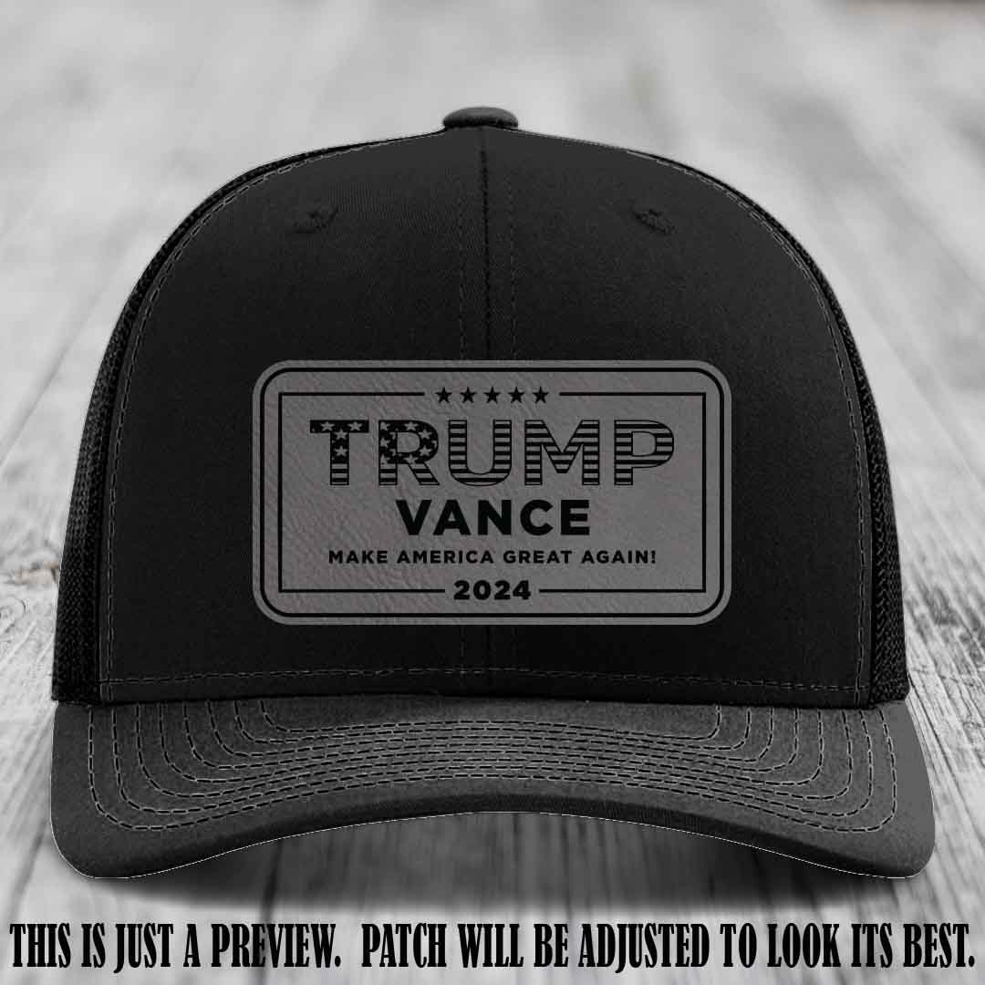 TRUMP VANCE 2024 patch on Grey to Black Patch shown on Black Hat Richardson 112 hat