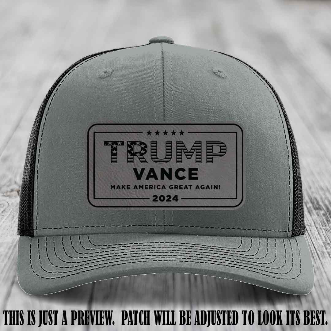 TRUMP VANCE 2024 patch on Grey to Black Patch shown on Heather Grey to Black Hat Richardson 112 hat