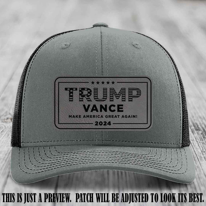 TRUMP VANCE 2024 patch on Grey to Black Patch shown on Heather Grey to Black Hat Richardson 112 hat