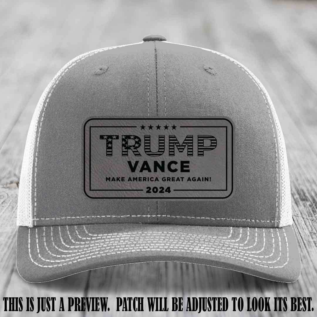 TRUMP VANCE 2024 patch on Grey to Black Patch shown on Heather Grey to White Hat Richardson 112 hat