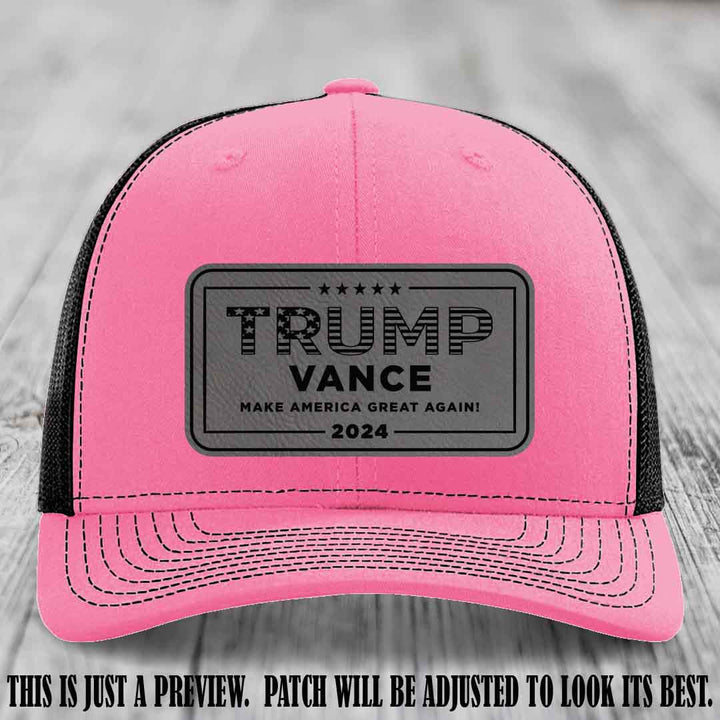 TRUMP VANCE 2024 patch on Grey to Black Patch shown on Hot Pink to Black Hat Richardson 112 hat
