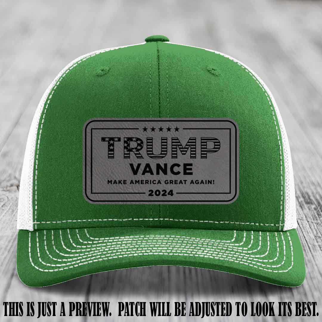 TRUMP VANCE 2024 patch on Grey to Black Patch shown on Kelly to White Hat Richardson 112 hat