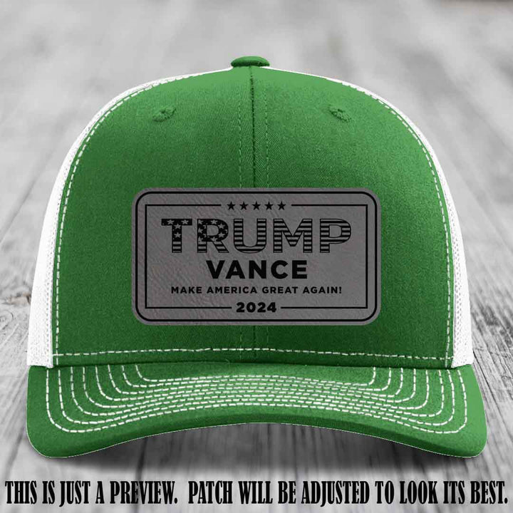 TRUMP VANCE 2024 patch on Grey to Black Patch shown on Kelly to White Hat Richardson 112 hat