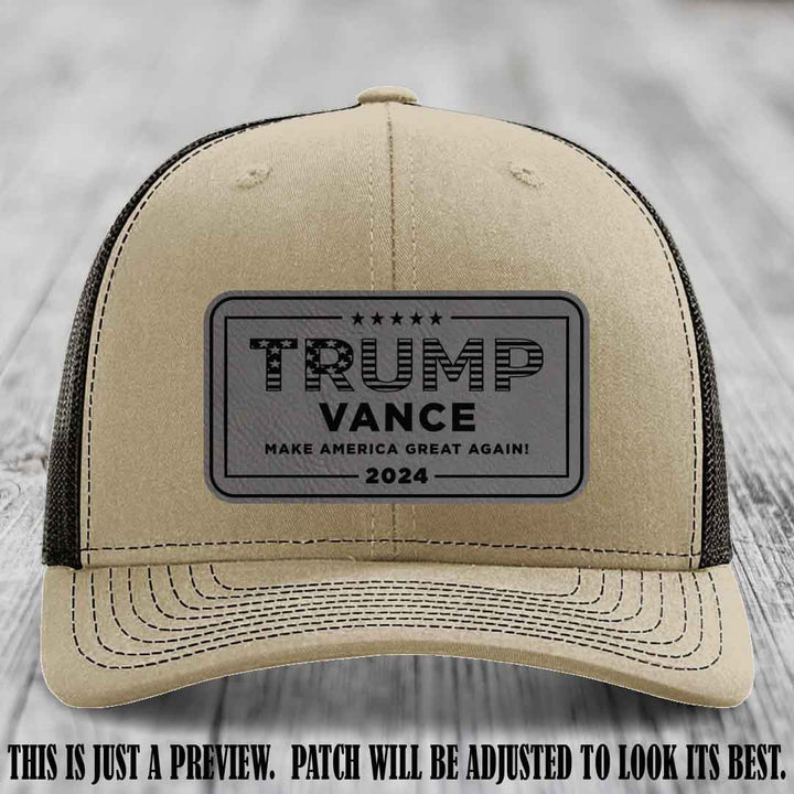 TRUMP VANCE 2024 patch on Grey to Black Patch shown on Khaki to Coffee Hat Richardson 112 hat