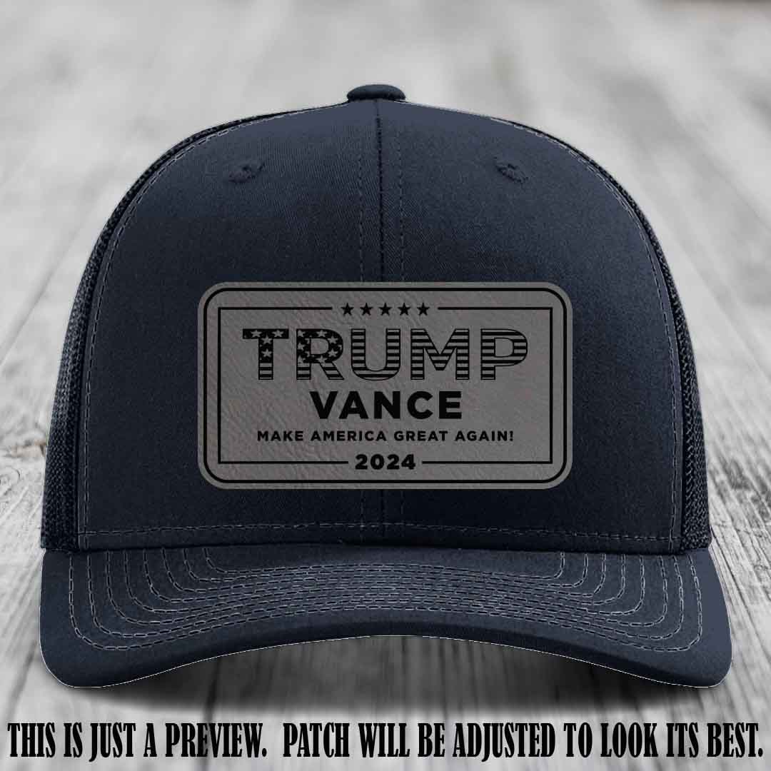 TRUMP VANCE 2024 patch on Grey to Black Patch shown on Navy Hat Richardson 112 hat