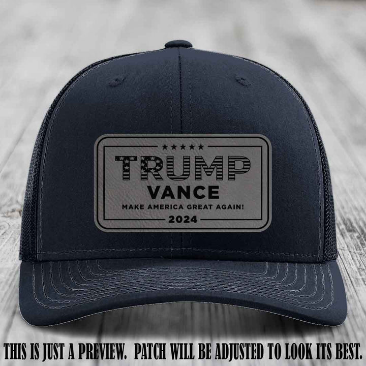 TRUMP VANCE 2024 patch on Grey to Black Patch shown on Navy Hat Richardson 112 hat