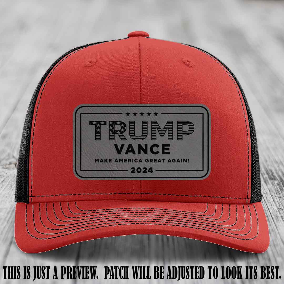 TRUMP VANCE 2024 patch on Grey to Black Patch shown on Red to Black Hat Richardson 112 hat