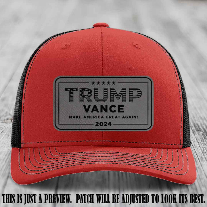 TRUMP VANCE 2024 patch on Grey to Black Patch shown on Red to Black Hat Richardson 112 hat