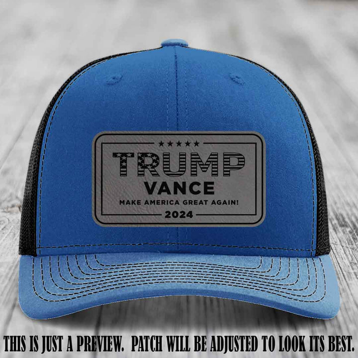 TRUMP VANCE 2024 patch on Grey to Black Patch shown on Royal to Black Hat Richardson 112 hat